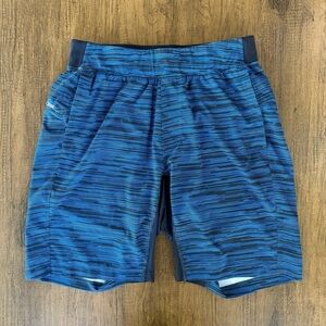 Lululemon Mens Blue and Black Stripe Lined Shorts Size Medium